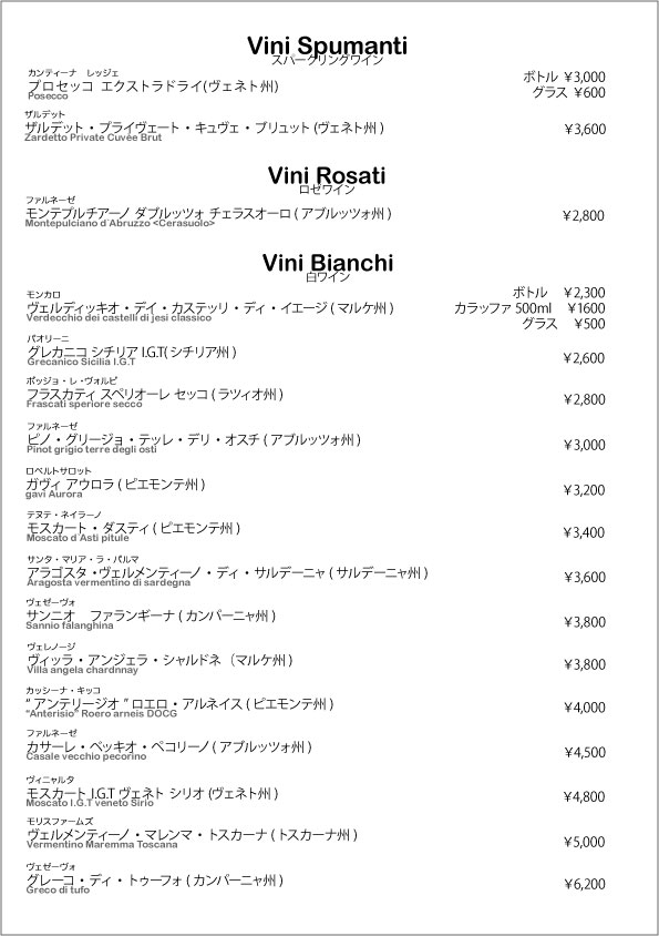 新しいワインメニュー Piccolo Canforo